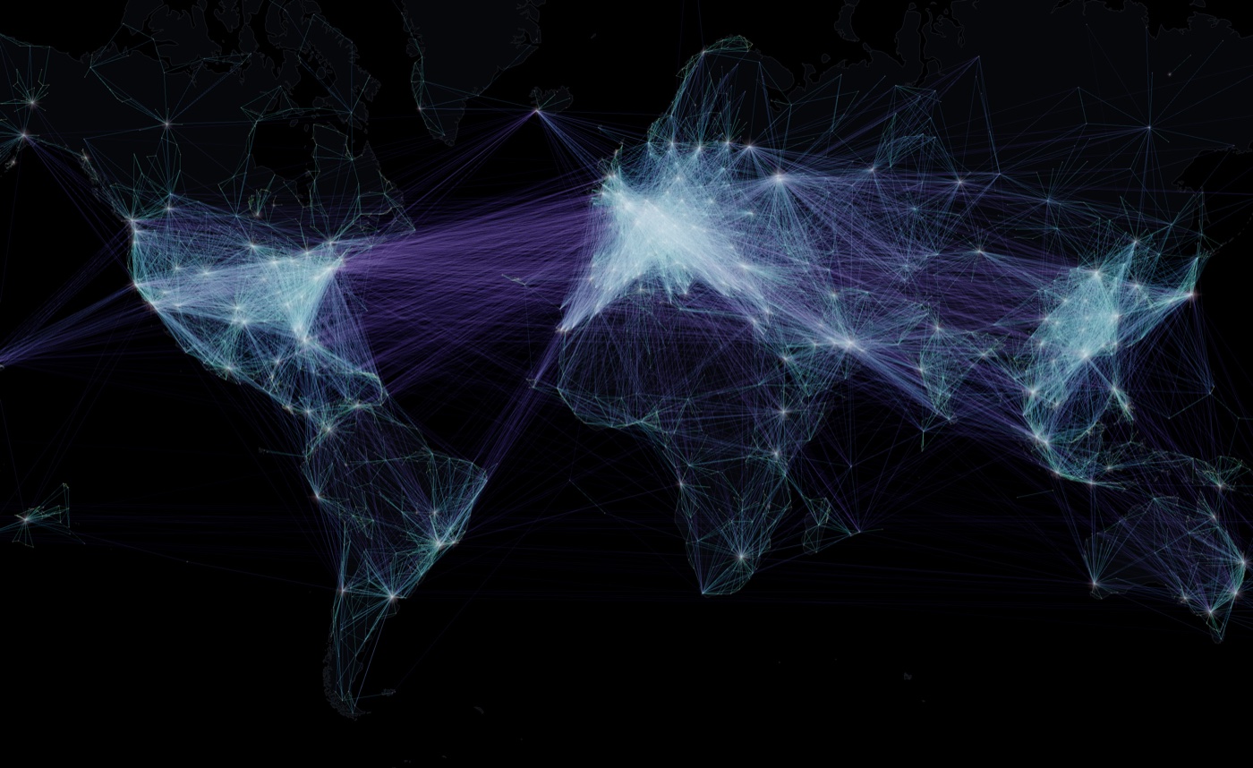 The world's air routes by location, glowing