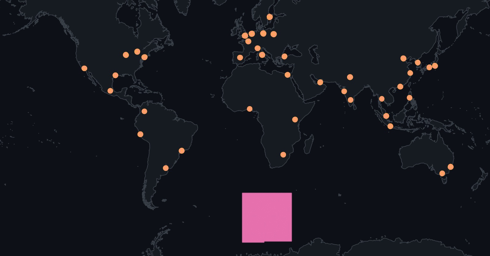 Stores on a world map, by their latitude and longitude