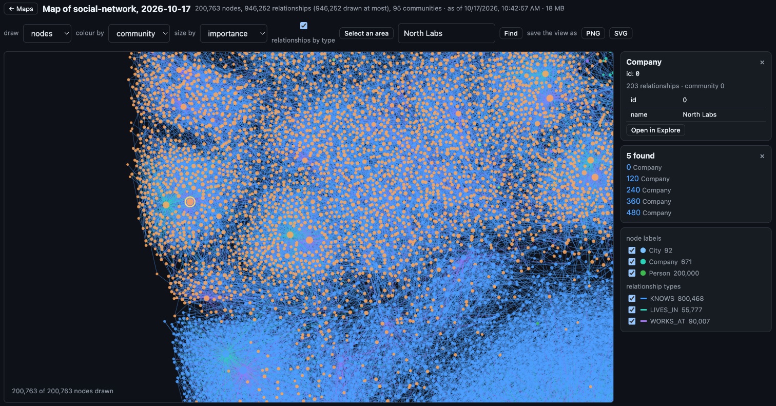 Zoomed in on two communities, a company found by its name and opened beside the map